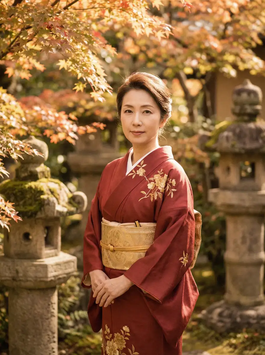 一位身穿暗红色和服的优雅 韩国美女 在日式庭院中